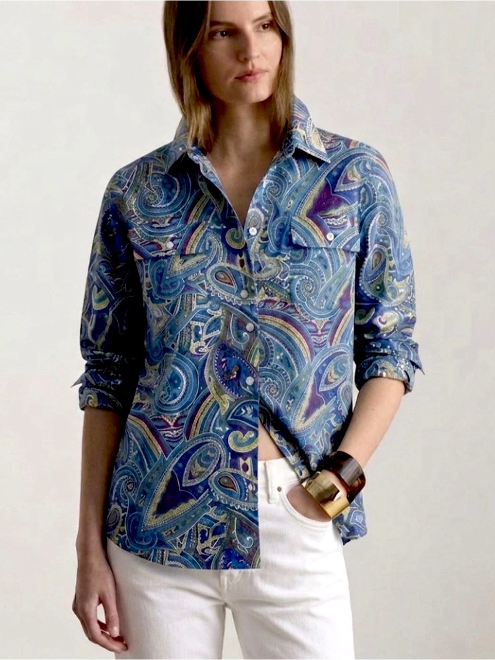 JONES NY SIGNATURE PAISLEY SHIRT L COTTON MOD ART FUNKY RETRO PREPPY ACADEMIA